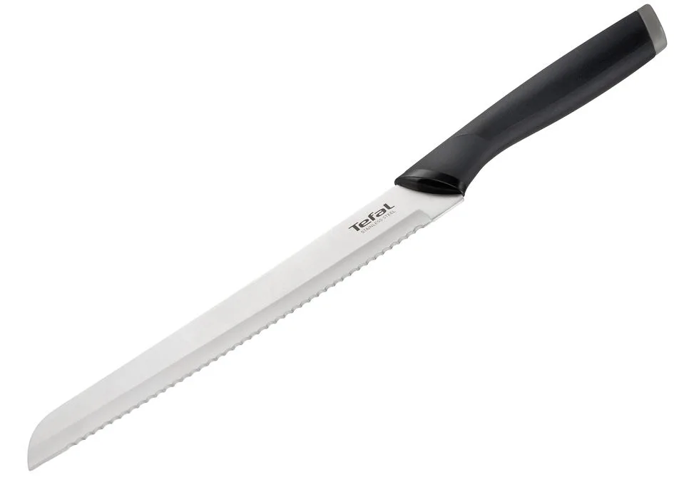 Набор кухонных ножей Tefal Comfort с деревянной подставкой, 5 предметов из нержавеющей стали, с пластиковыми и деревянными элементами, черного цвета.