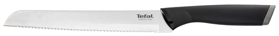 Набор кухонных ножей Tefal Comfort с деревянной подставкой, 5 предметов из нержавеющей стали, с пластиковыми и деревянными элементами, черного цвета.