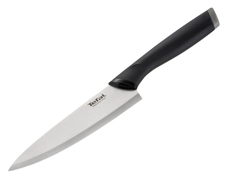 Набор кухонных ножей Tefal Comfort с деревянной подставкой, 5 предметов из нержавеющей стали, с пластиковыми и деревянными элементами, черного цвета.