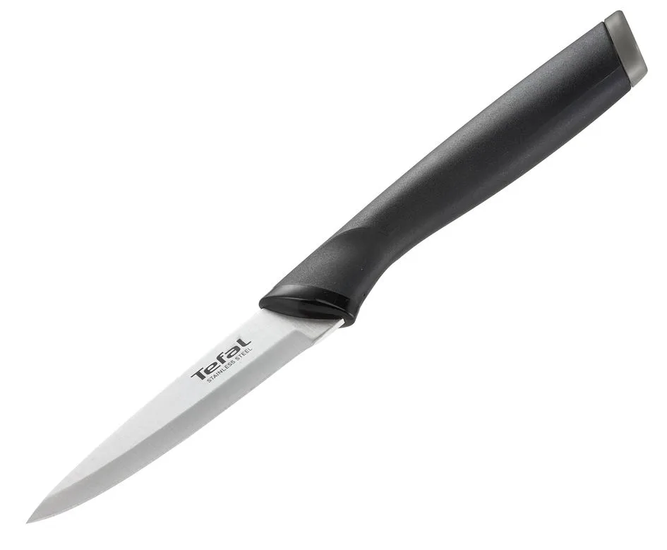 Набор кухонных ножей Tefal Comfort с деревянной подставкой, 5 предметов из нержавеющей стали, с пластиковыми и деревянными элементами, черного цвета.
