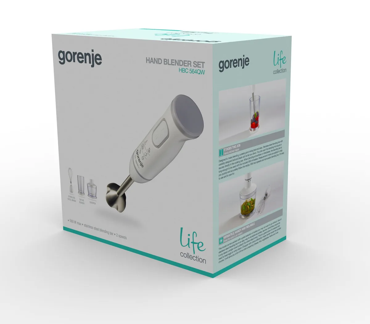 Занурювальний блендер Gorenje 560Вт, 4 в 1, чаша 500 мл, подрібнювач, білий.