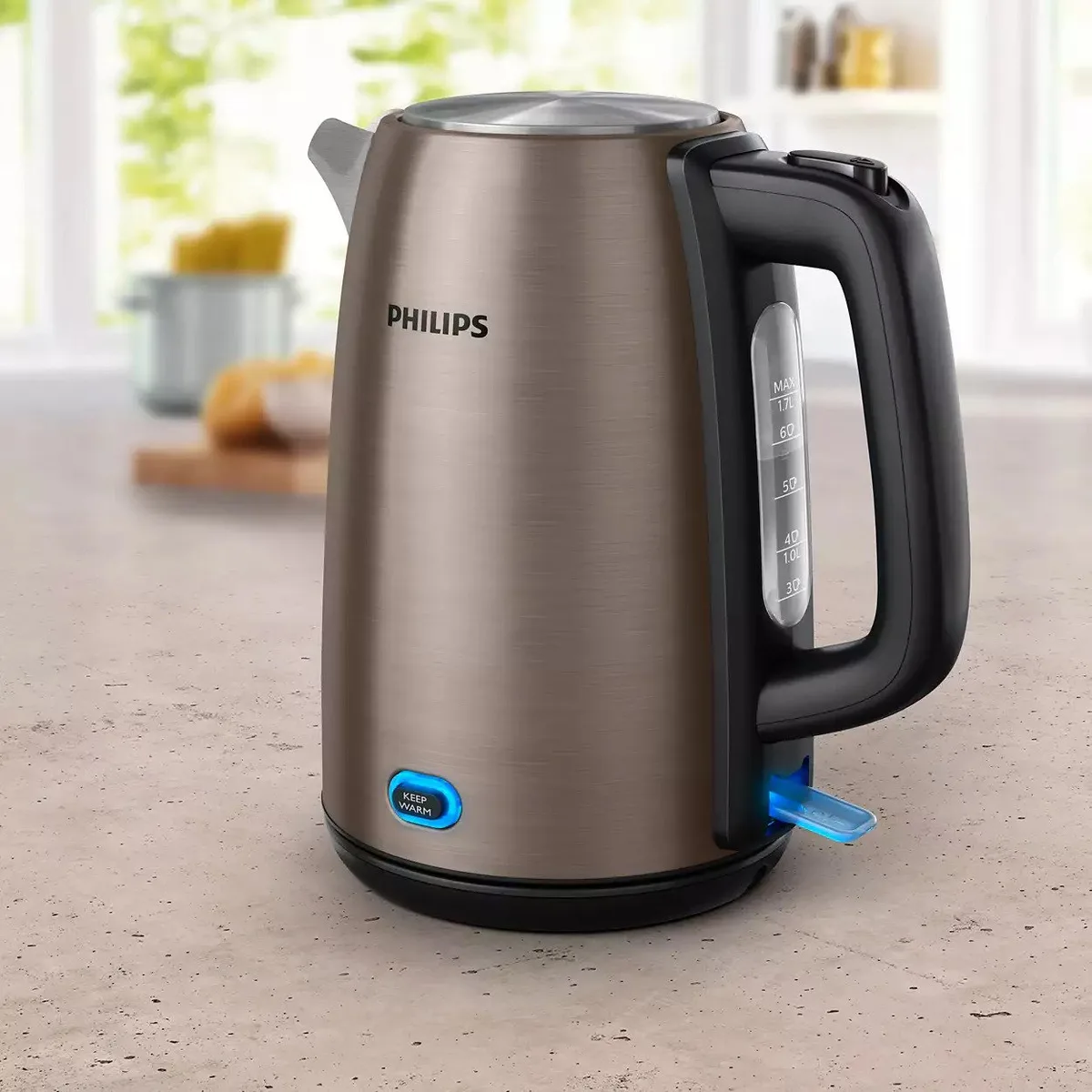 Електрочайник Philips Viva Series 1.7л, металевий корпус, LED підсвітка, мідно-чорного кольору.