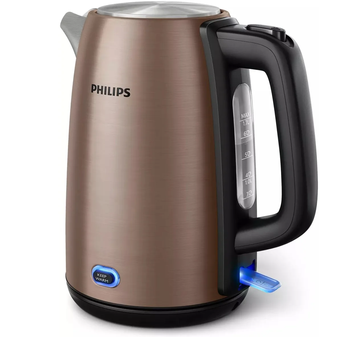 Електрочайник Philips Viva Series 1.7л, металевий корпус, LED підсвітка, мідно-чорного кольору.