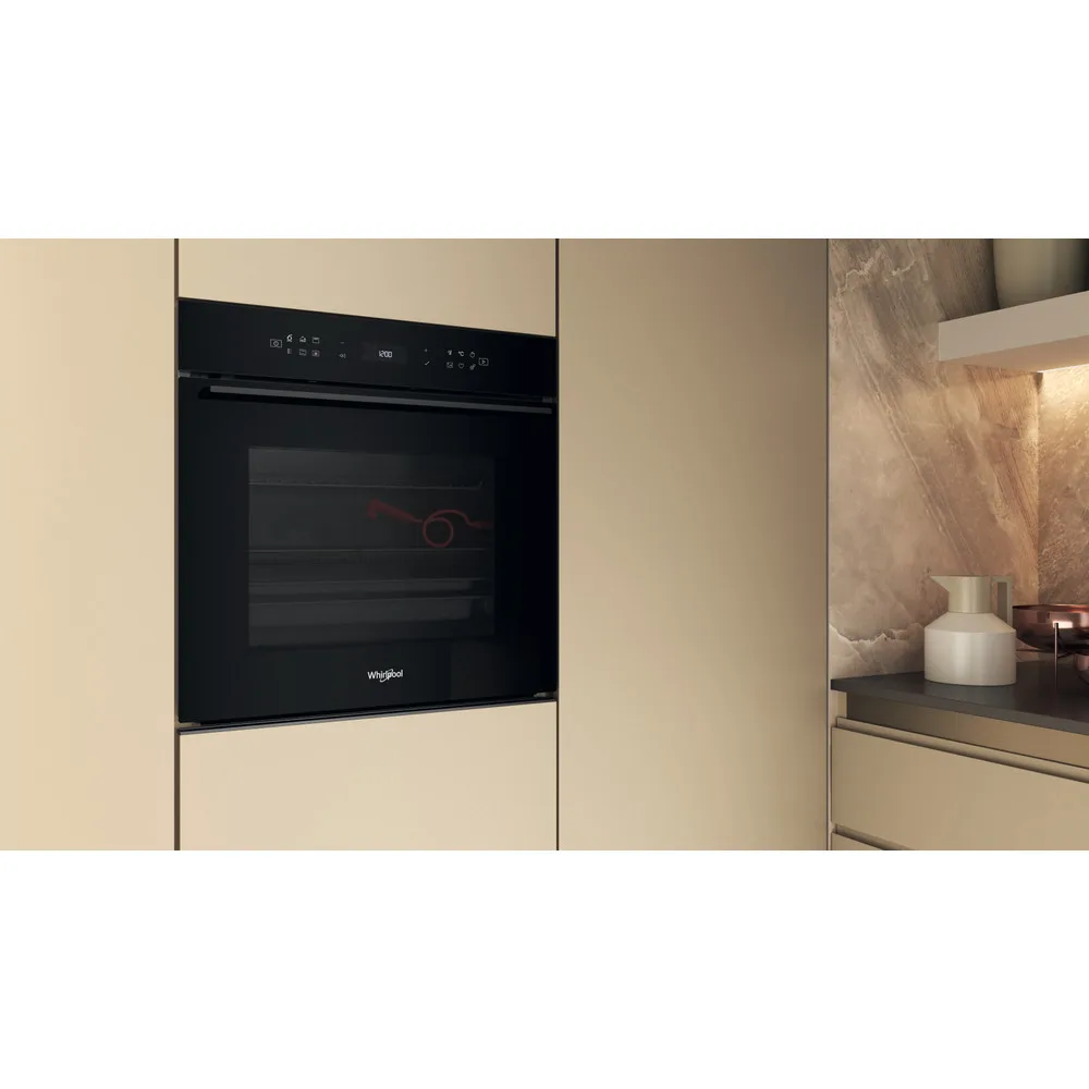 Электрический духовой шкаф Whirlpool, 73 л, класс энергоэффективности A+, с дисплеем, конвекционным приготовлением, пиролизом и телескопическими направляющими, черного цвета