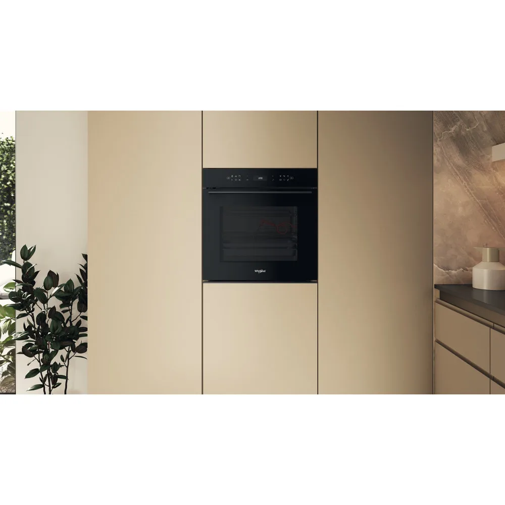 Электрический духовой шкаф Whirlpool, 73 л, класс энергоэффективности A+, с дисплеем, конвекционным приготовлением, пиролизом и телескопическими направляющими, черного цвета