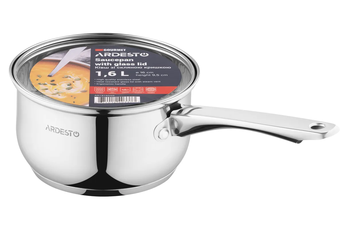 Кухонний каструля з прозорою кришкою ARDESTO Gemini Gourmet Spoleto, 1.6л, з нержавіючої сталі.