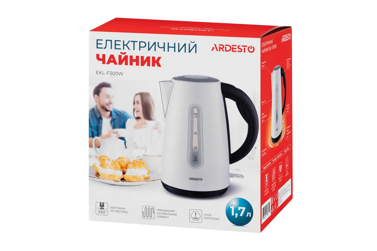 Електричний чайник ARDESTO 1.7л, Strix, металевий, білий.
