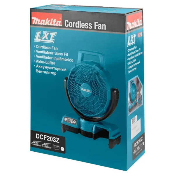 Аккумуляторный и сетевой вентилятор Makita DCF203Z 144-18В 220В с 3 режимами скорости, таймером, скоростью воздуха 190м/с, весом 19кг (без аккумулятора)