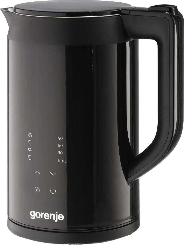 Електричний чайник Gorenje 1.7 л з подвійними стінками, LED-екраном та контролем Strix, чорного кольору.