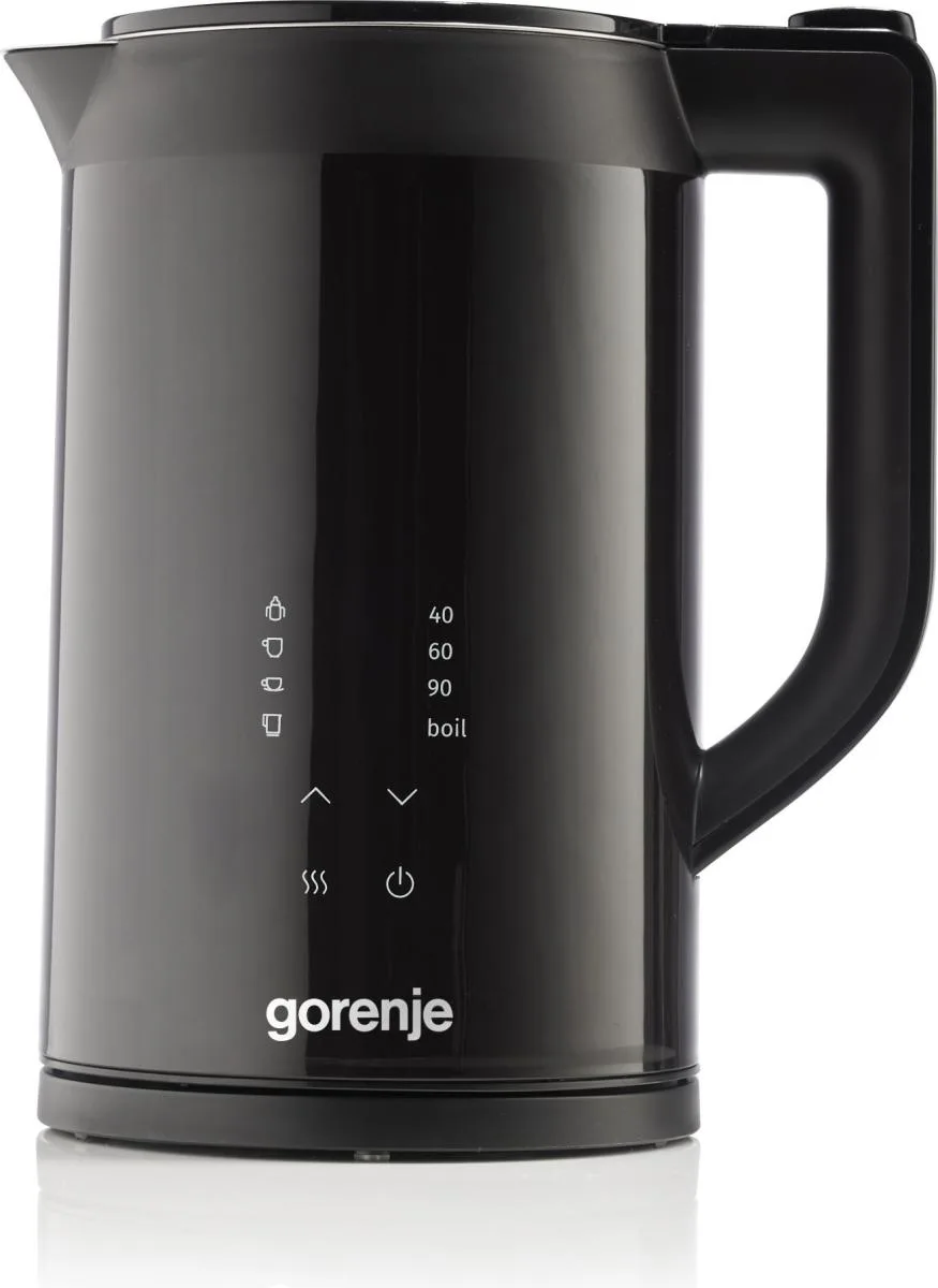 Електричний чайник Gorenje 1.7 л з подвійними стінками, LED-екраном та контролем Strix, чорного кольору.