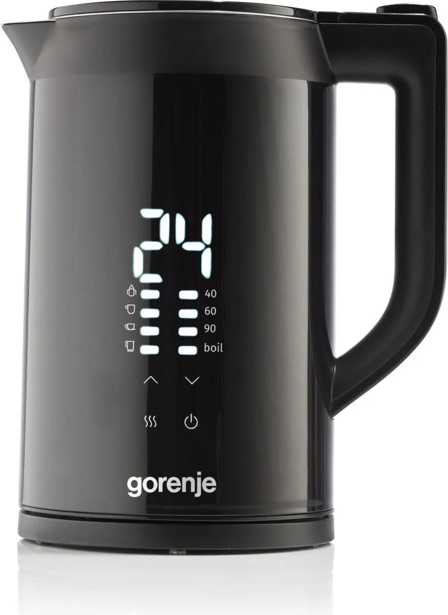 Електричний чайник Gorenje 1.7 л з подвійними стінками, LED-екраном та контролем Strix, чорного кольору.