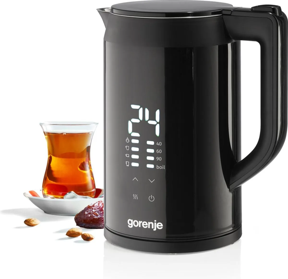 Електричний чайник Gorenje 1.7 л з подвійними стінками, LED-екраном та контролем Strix, чорного кольору.
