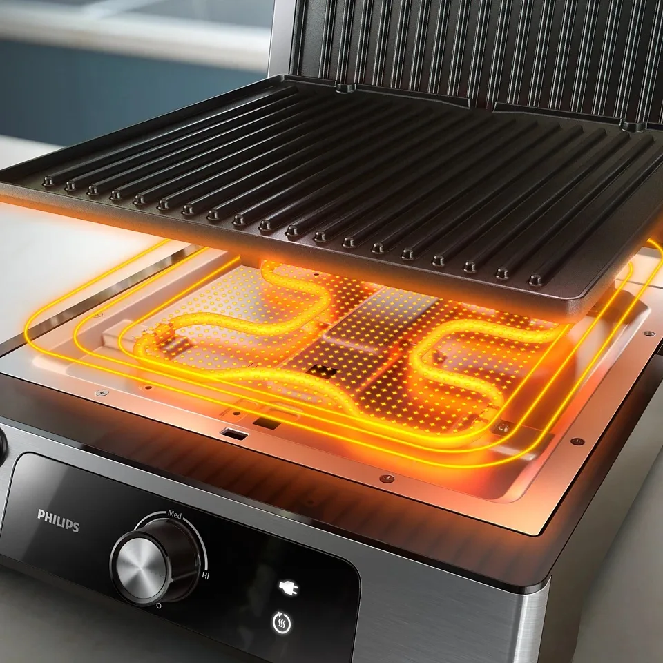 Гриль Philips Press Series 5000, 2200Вт, знімні пластини, відкриття на 180°, металевий корпус.
