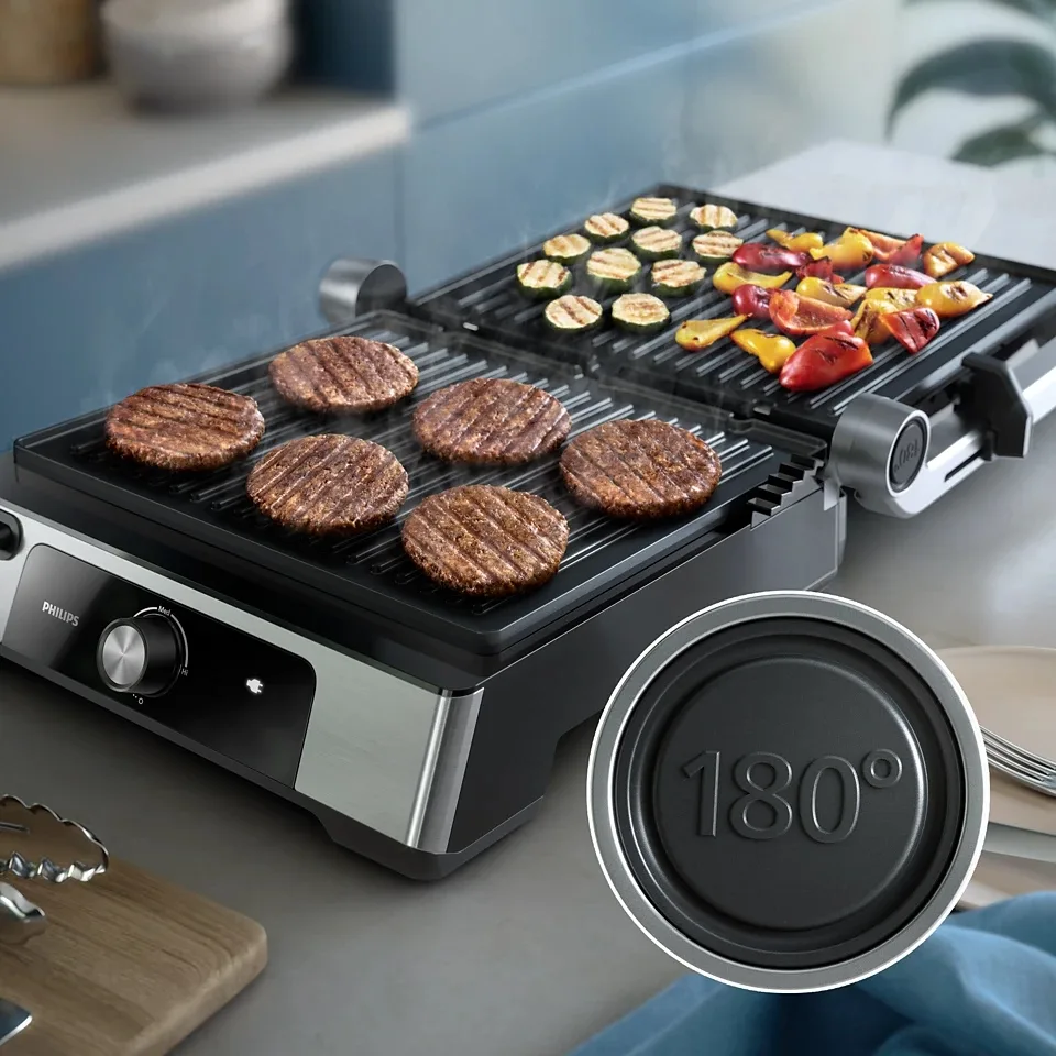 Гриль Philips Press Series 5000, 2200Вт, знімні пластини, відкриття на 180°, металевий корпус.