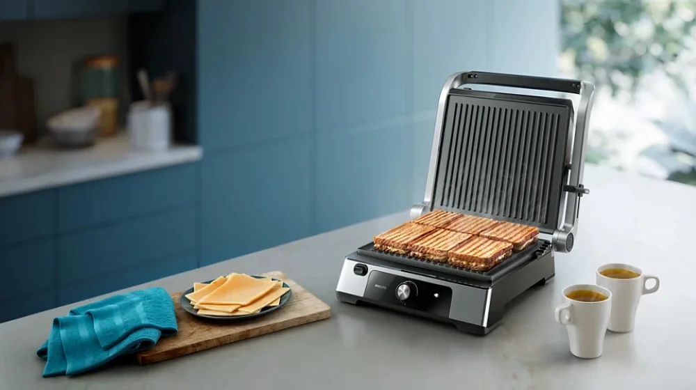 Гриль Philips Press Series 5000, 2200Вт, знімні пластини, відкриття на 180°, металевий корпус.