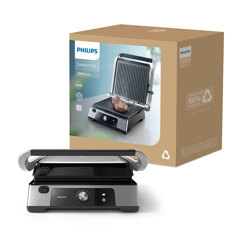Гриль Philips Press Series 5000, 2200Вт, знімні пластини, відкриття на 180°, металевий корпус.
