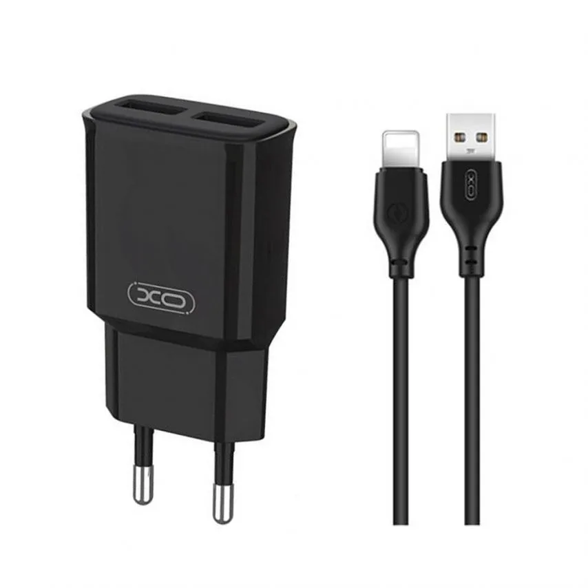Мережевий зарядний пристрій XO адаптер 2USB 2.4A чорний з кабелем Lightning 1м