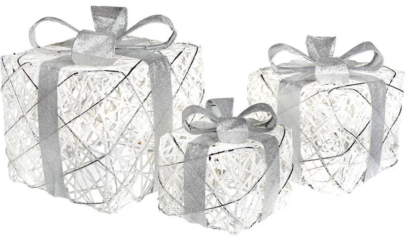 Набір подарункових коробок New Year Gifts з LED-підсвіткою 3 шт білий з сріблом