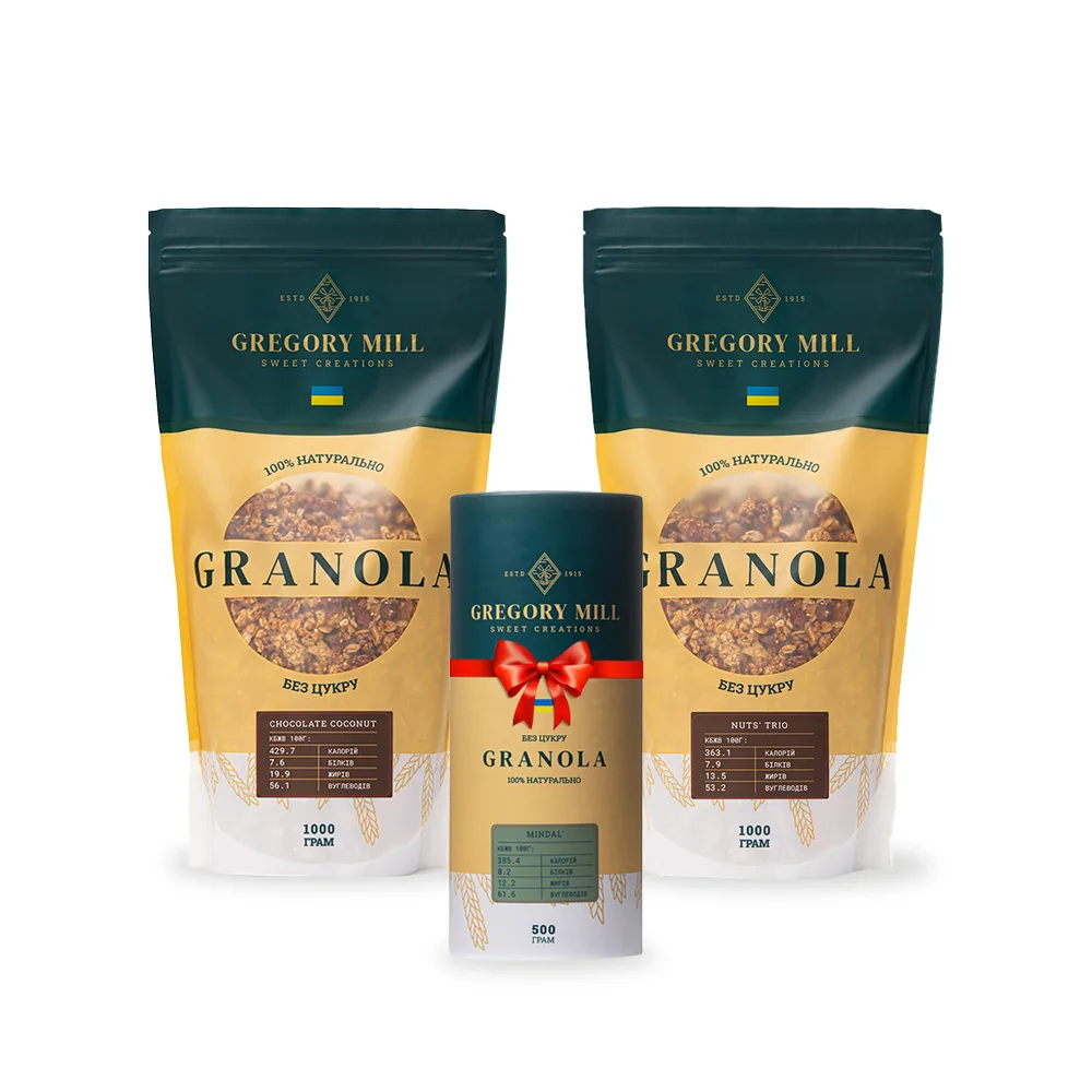 Набір граноли Chocolate Coconut, Nuts Trio 2 кг & Almond 500г у подарунок Gregory Mill