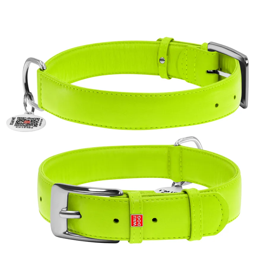 Нашийник WAUDOG Glamour шкіряний XL 35 мм 46-60 см салатовий з QR паспортом