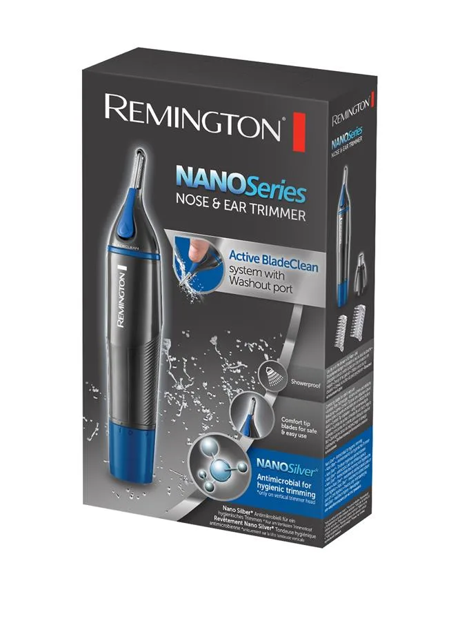 Тример для носа та вух Remington Nano Series, модель ААх1, з трьома насадками, виготовлений зі сталі, чорний з синім.