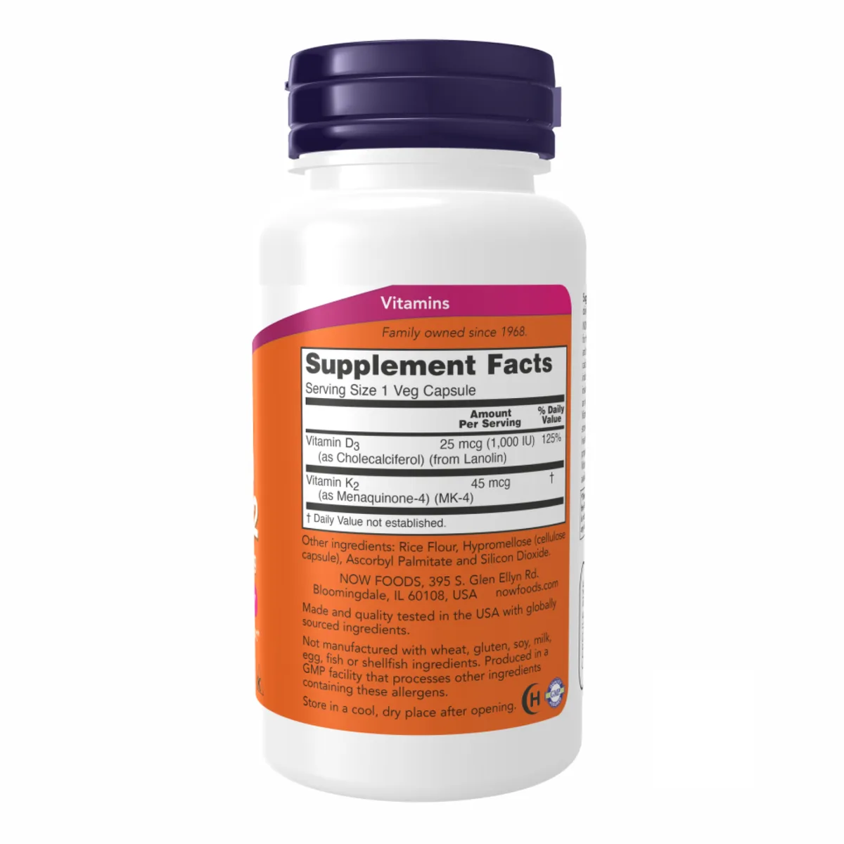 Витамин D3 и K2 1000 IU 120 капсул Now Foods