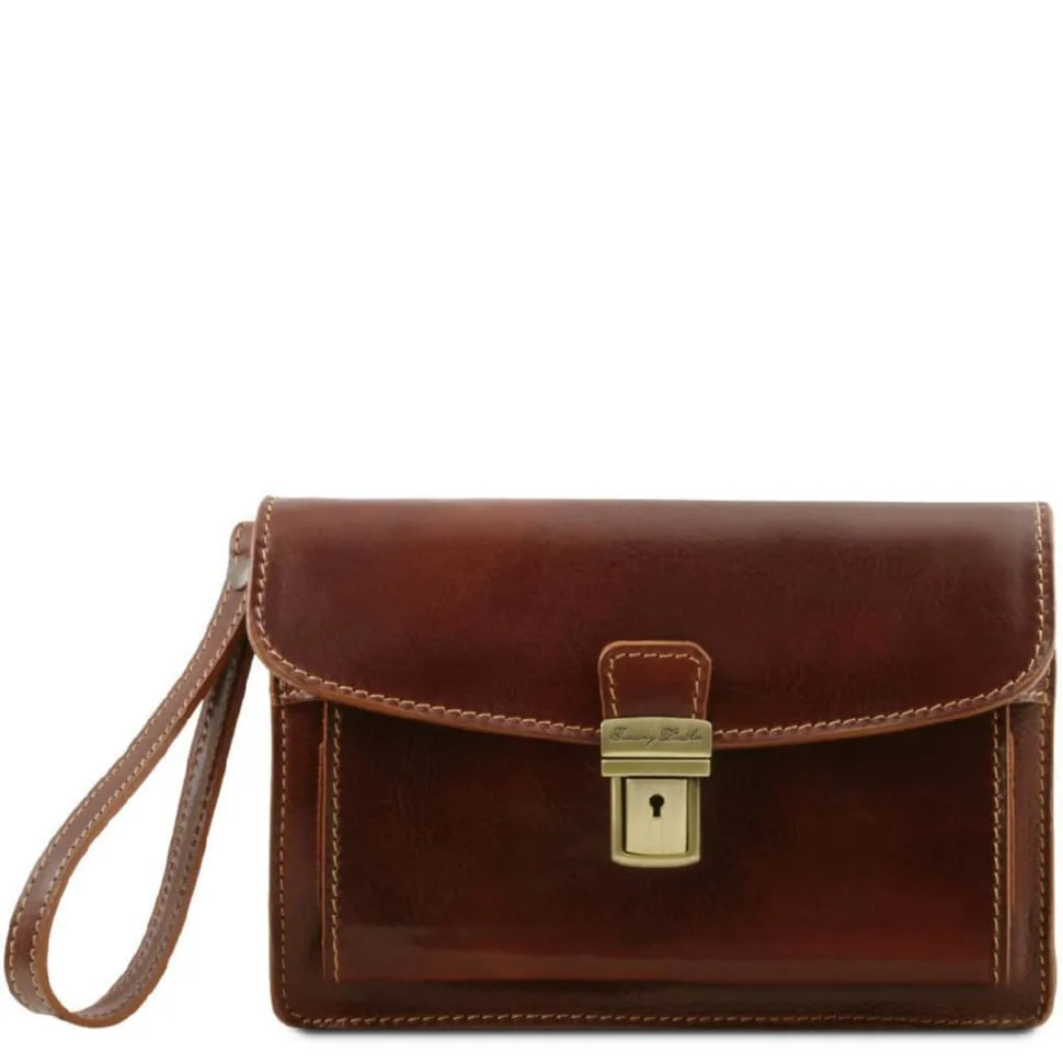 Кожана сумка барсетка Tuscany Leather коричнева для чоловіків з двома відділеннями та кишенею для карт.