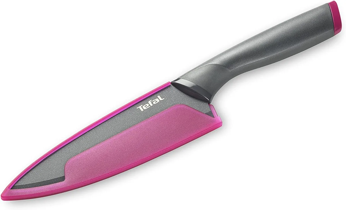 Кухонний ніж для шеф-кухаря Tefal Fresh Kitchen, 15 см, з захисним чохлом, з нержавіючої сталі, пластиковою ручкою, сірого кольору