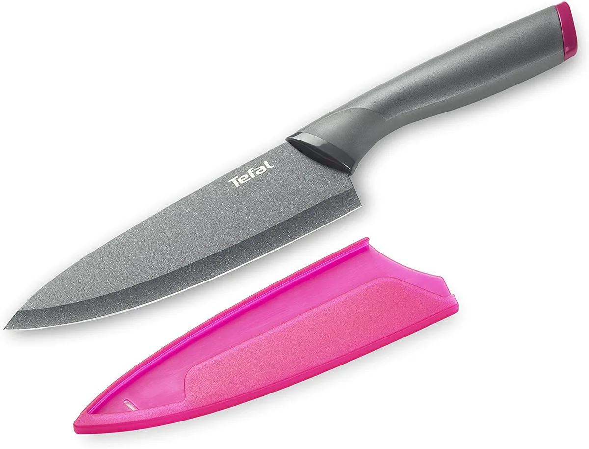 Кухонний ніж для шеф-кухаря Tefal Fresh Kitchen, 15 см, з захисним чохлом, з нержавіючої сталі, пластиковою ручкою, сірого кольору