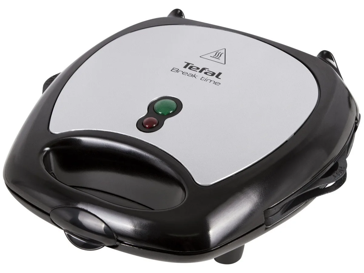 Мультимейкер Tefal Break Time 700Вт, тефлонове покриття, 3 пластини, пластиковий корпус, кольори чорний та сріблястий.