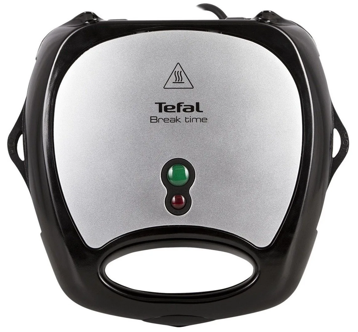 Мультимейкер Tefal Break Time 700Вт, тефлонове покриття, 3 пластини, пластиковий корпус, кольори чорний та сріблястий.