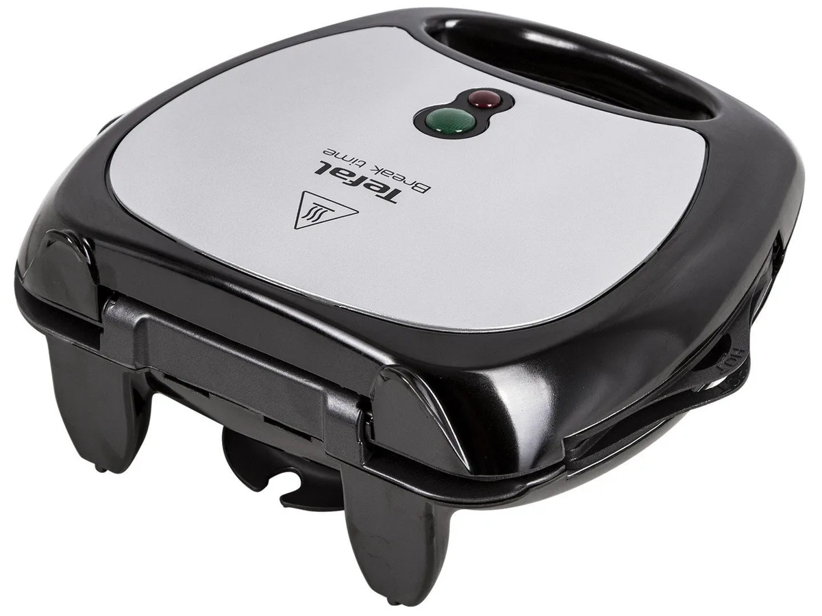 Мультимейкер Tefal Break Time 700Вт, тефлонове покриття, 3 пластини, пластиковий корпус, кольори чорний та сріблястий.
