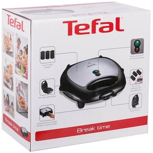 Мультимейкер Tefal Break Time 700Вт, тефлонове покриття, 3 пластини, пластиковий корпус, кольори чорний та сріблястий.
