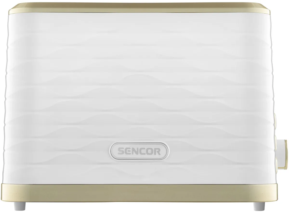 Тостер Sencor 930Вт з функціями підігріву, розморожування та підсвічування, пластиковий корпус, білий з золотими елементами.