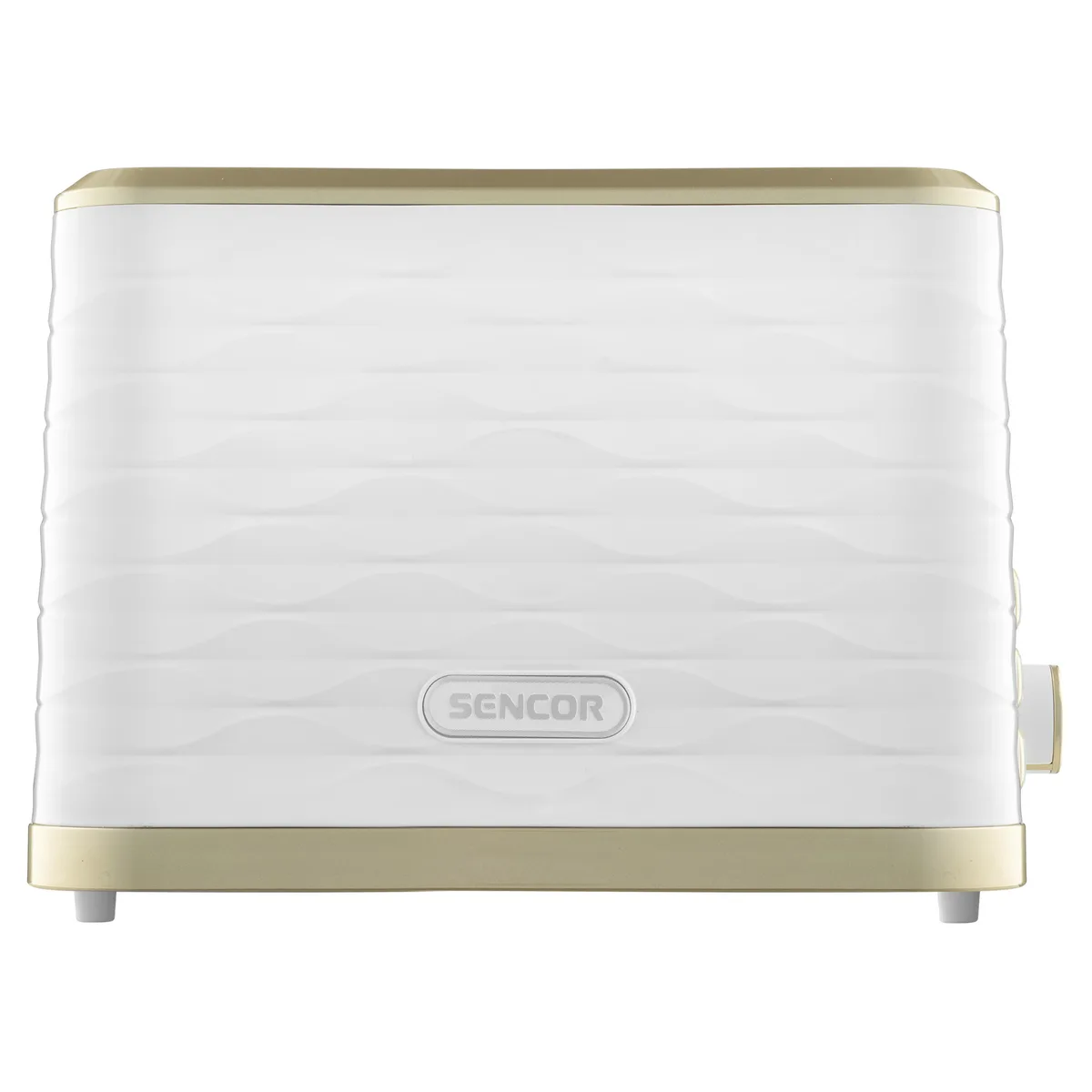 Тостер Sencor 930Вт з функціями підігріву, розморожування та підсвічування, пластиковий корпус, білий з золотими елементами.