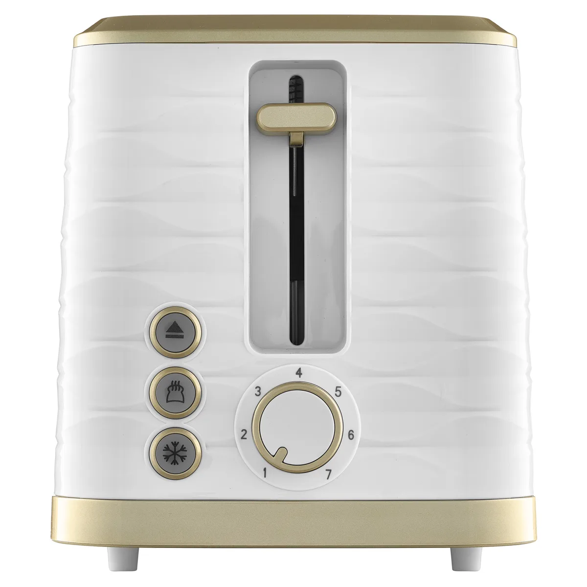 Тостер Sencor 930Вт з функціями підігріву, розморожування та підсвічування, пластиковий корпус, білий з золотими елементами.