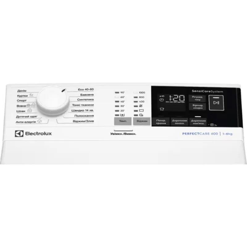Стиральная машина Electrolux вертикальной загрузки, 6 кг, 1000 об/мин, класс энергопотребления D, ширина 60 см, с дисплеем, белая