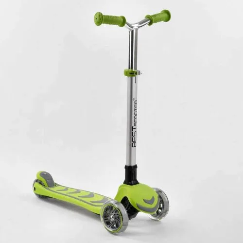 Трехколесный самокат Best Scooter салатовый складной с алюминиевым рулем для детей со светящимися колесами.