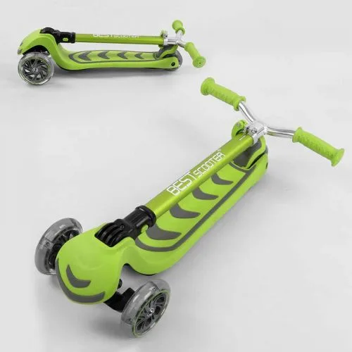 Трехколесный самокат Best Scooter салатовый складной с алюминиевым рулем для детей со светящимися колесами.