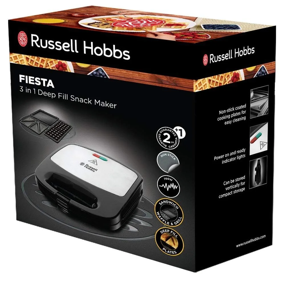 Мультимейкер Russell Hobbs Fiesta 750Вт, алюмінієвий, 3 пластини, корпус з нержавіючої сталі та пластику, чорного кольору.