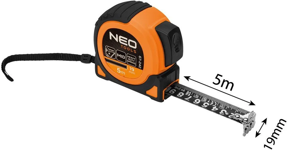 Рулетка Neo Tools Super Black, 5м x 19мм, з фіксатором та магнітним кріпленням.