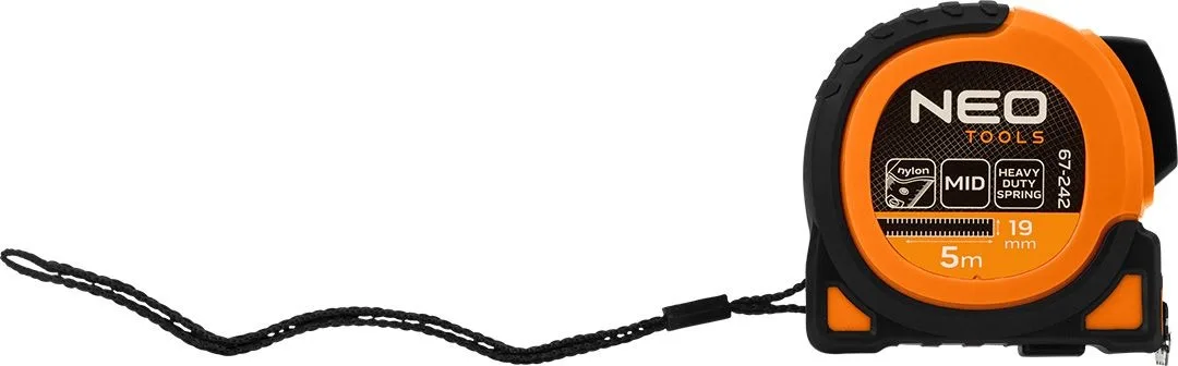 Рулетка Neo Tools Super Black, 5м x 19мм, з фіксатором та магнітним кріпленням.