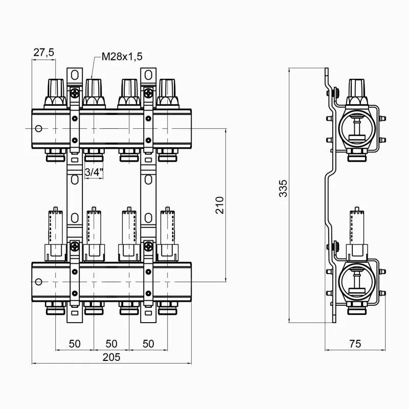 Коллектор 1" ICMA K013 4 выхода латунь 205х75х335 мм никель