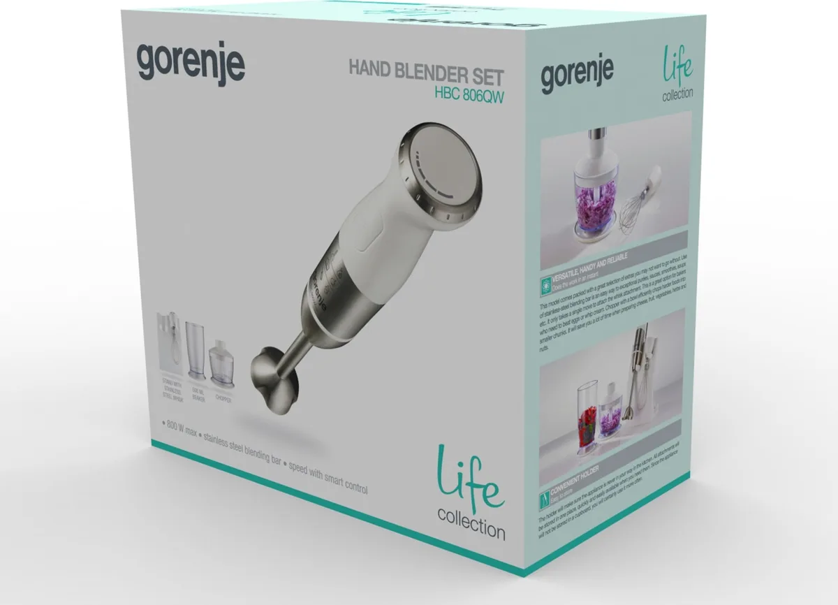 Занурювальний блендер Gorenje 800Вт 0,5л білий з подрібнювачем та вінчиком