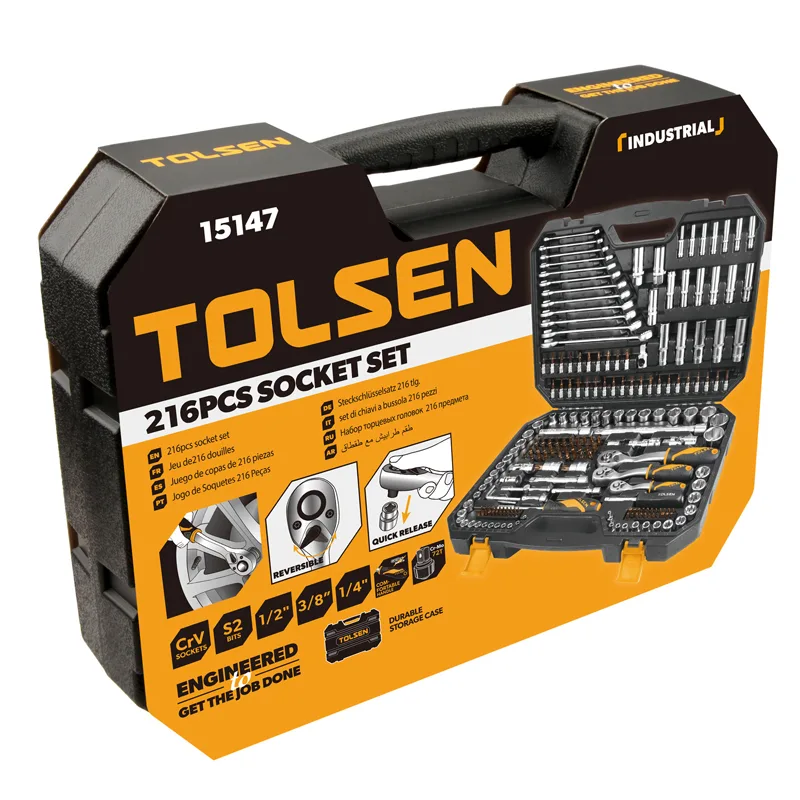 Комплект інструментів Tolsen, 1/2", 1/4", 3/8", комбіновані ключі, торцеві насадки, біти, CrV, кейс, 216 одиниць.