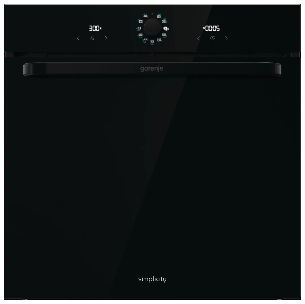 Електрична духова шафа Gorenje, 77 л, клас A, з паровим функціоналом, дисплей, макс. температура 300°C, чорний колір.