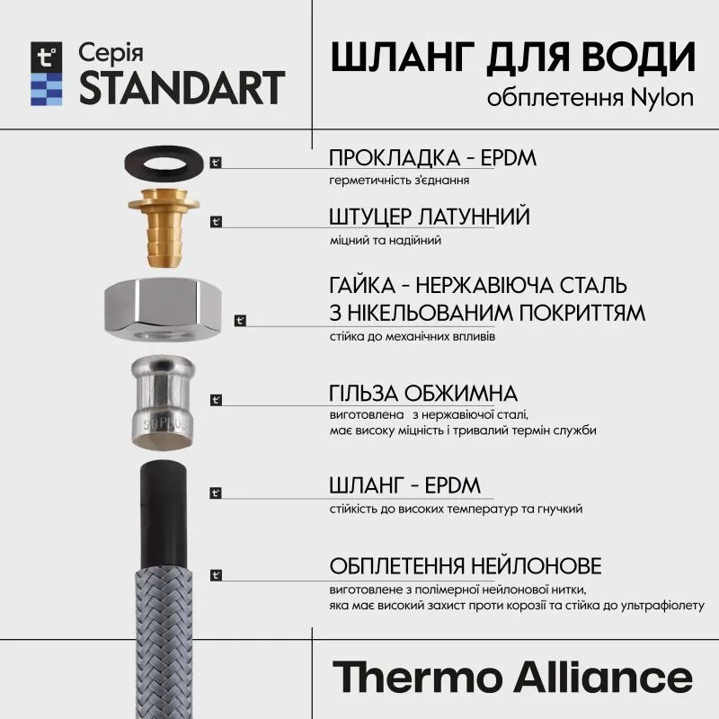 Шланг гнучкий Thermo Alliance 60 см M10x1/2" латунь нейлон для змішувача