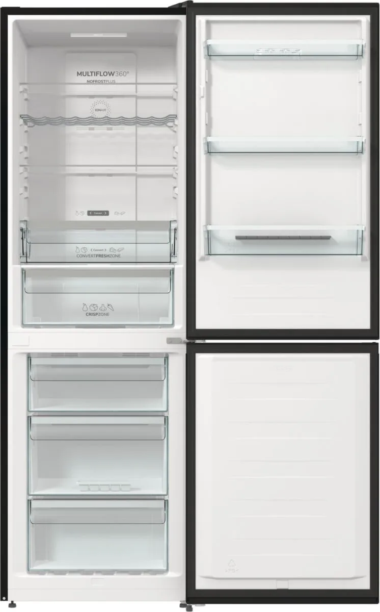 Холодильник Gorenje NRK619EABXL4 с нижней морозильной камерой, размеры 185х60х60 см, 2 дверцы, объем холодильника 204 л, объем морозильной камеры 96 л, класс энергоэффективности A+, технология NoFrost Plus