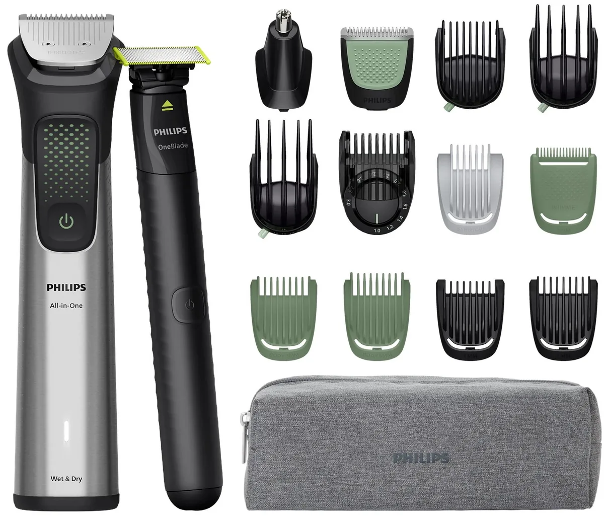 Тример Philips Series 9000 для обличчя, голови та тіла, акумуляторний, 17 насадок у комплекті, з нержавіючої сталі, сірого кольору