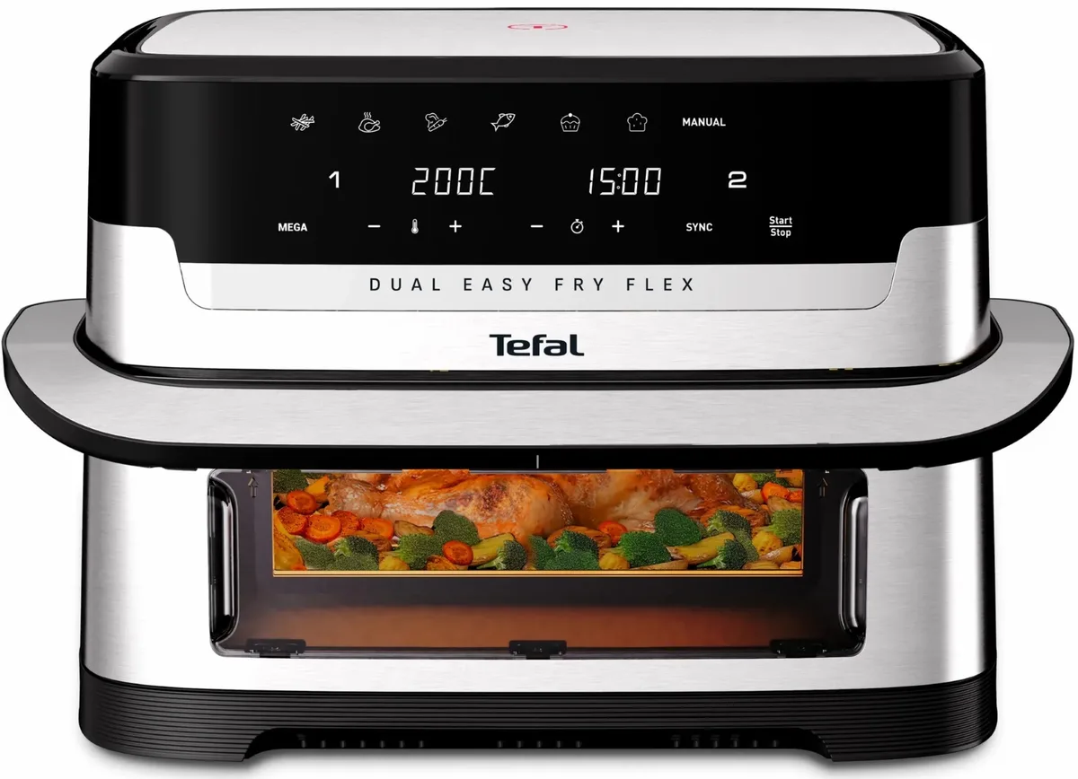 Мультипіч Tefal Dual Easy Fry Flex, 2700Вт, чаша-5.5+3.5л, сенсорне керув., з віконцем, 2 чаши, гриль, пластик, чорний-нерж. сталь